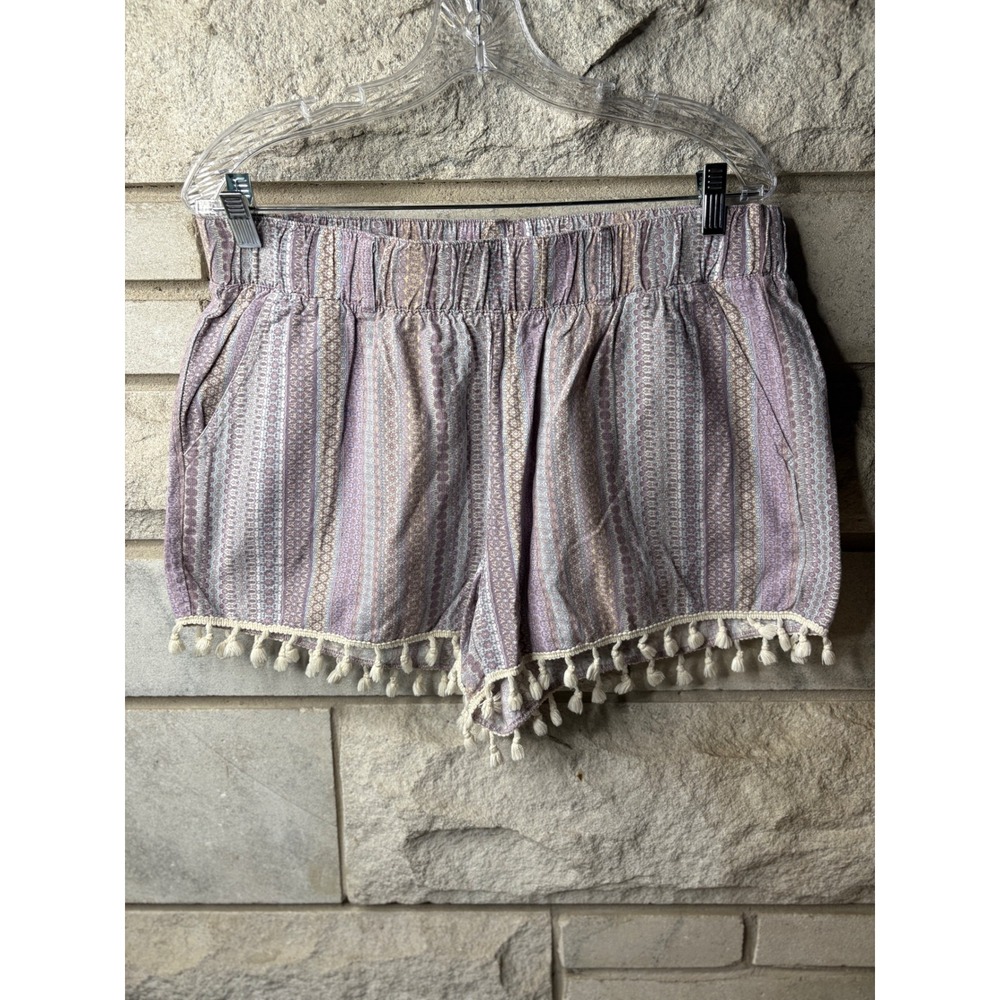 Rewash Womens Boho Linen Blend Tassel Trim Shorts Purple Blue Geometric XL